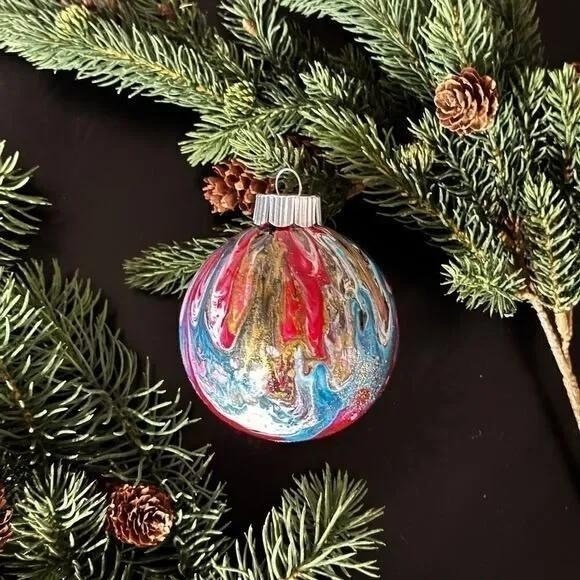 Handmade Acrylic Pour Christmas Ornaments Set of 7 Unique Swirl Art Decorations - Picture 2 of 4